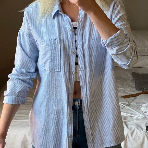 BE COOL Tops - Blue Striped Button Up